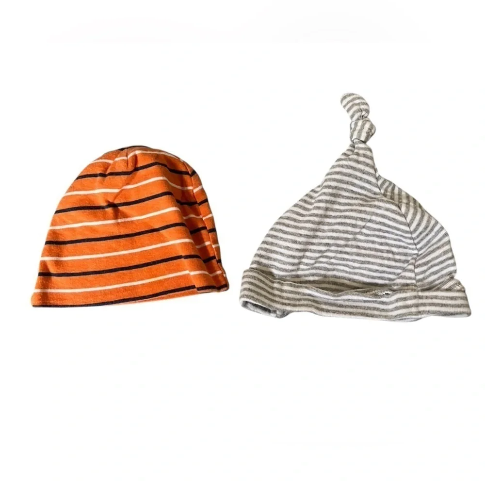 2 hats - Striped Orange and Gray baby Beanie 0-6 months and 6-9 months
